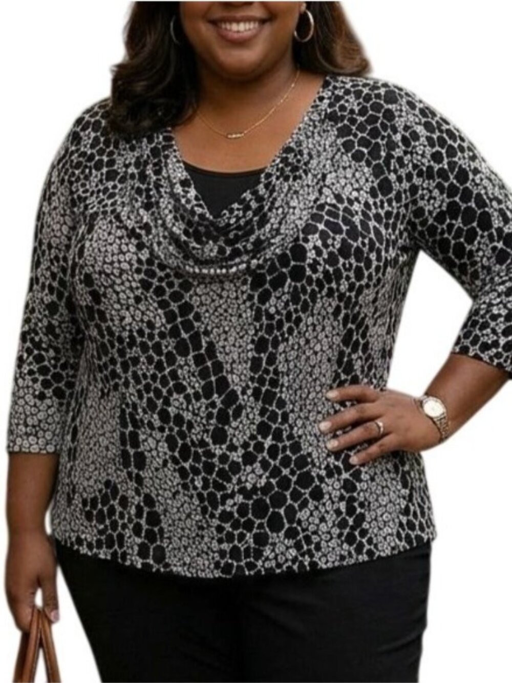 Brittany Black Plus Size 3X Top Cowl Neck Black Animal Print 3/4 Sleeve Blouse